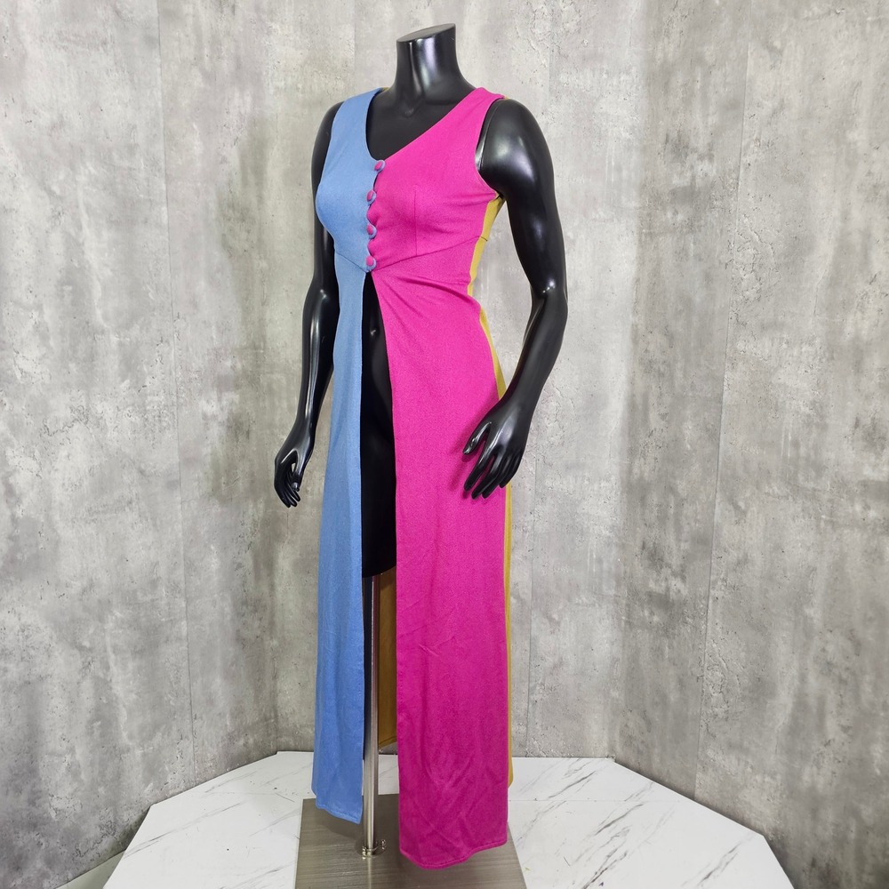 Vintage 70s ESTIVO Colorblock Maxi Duster Vest Open Front Mod Disco Hostess S - Picture 4 of 7